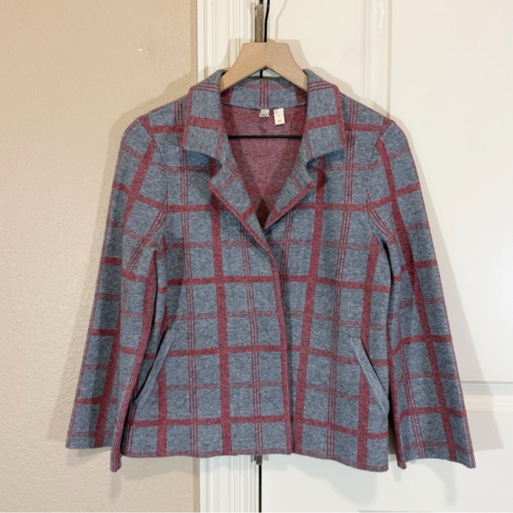 Anthropologie Moth Gray Red Plaid Collared Sweater Jacket